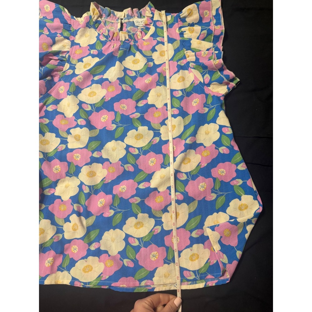 Shop the Mint Blue Pink Floral Ruffle Flutter Sleeve High Neck‎ Blouse Medium - Picture 3 of 5